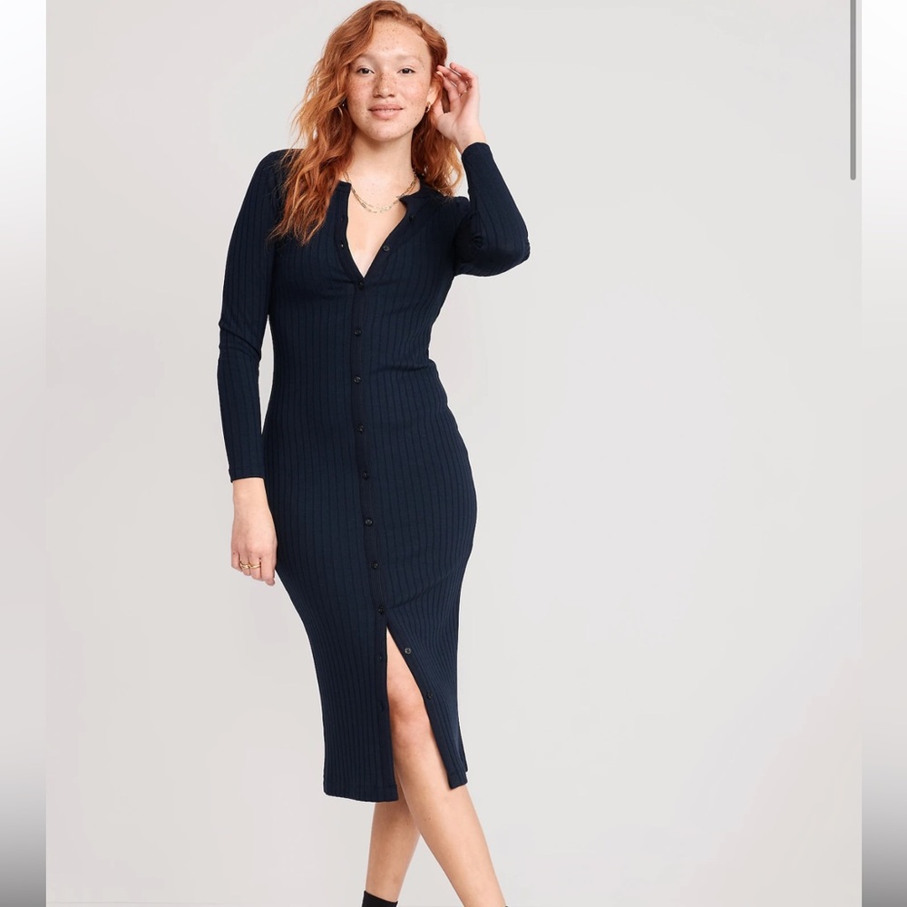 Fitted Rib-Knit Midi Button-Front Dress